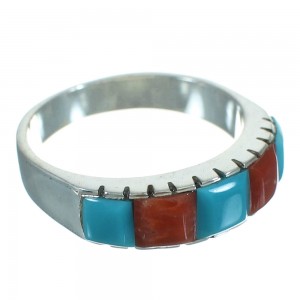 Southwest Turquoise And Coral Inlay Genuine Sterling Silver Ring Size 7-3/4 AX87595