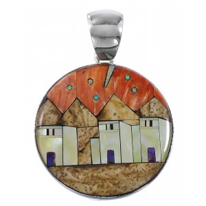 Multicolor Native American Village Design Silver Pendant YS62867