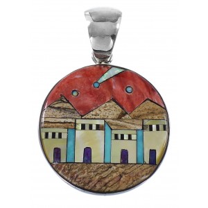 Silver Multicolor Native American Village Design Pendant YS62861