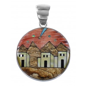 Silver Multicolor Native American Village Design Pendant YS62876