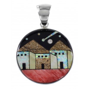 Native American Village Design Multicolor Silver Pendant YS62921