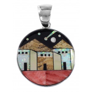 Native American Village Design Multicolor Silver Pendant YS62926