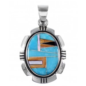 Turquoise And Multicolor Inlay Southwest Silver Pendant QS57888