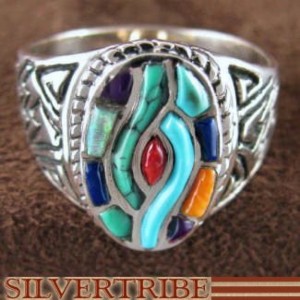 Multicolor Inlay Sterling Silver Ring Size 8-1/4 AS51894