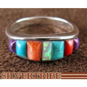 Turquoise Multicolor Inlay Sterling Silver Ring Size 4-3/4 NS36227