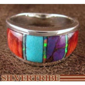 Sterling Silver And Turquoise Multicolor Inlay Ring Size 6-3/4 NS36551