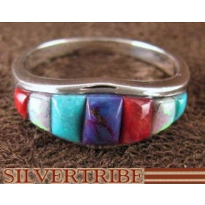 Silver Jewelry Turquoise And Multicolor Inlay Ring Size 7-3/4 RS37140 