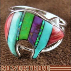 Sterling Silver Jewelry Multicolor Inlay Bear Ring Size 7-3/4 RS36932