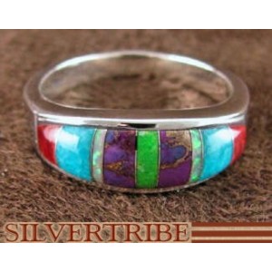 Sterling Silver Turquoise And Multicolor Inlay Ring Size 6-3/4 RS38232