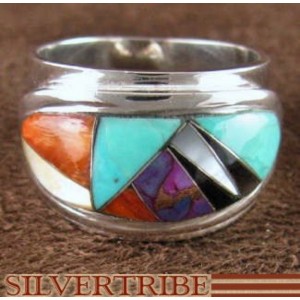 Silver Magenta Turquoise Multicolor Inlay Ring Size 7-1/4 NS38861