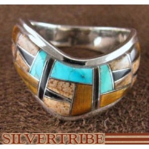 Sterling Silver Multicolor Inlay Jewelry Ring Size 7-1/2 RS42379