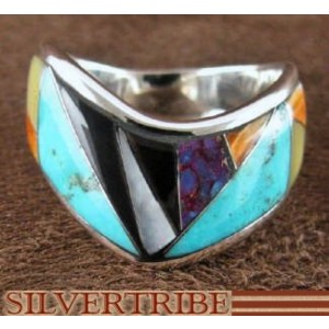 Sterling Silver Turquoise Multicolor Inlay Ring Size 7-1/4 RS42406