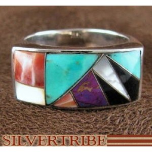 Turquoise And Multicolor Inlay Sterling Silver Ring Size 7-1/2 AS41274