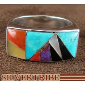 Sterling Silver Multicolor Turquoise Inlay Ring Size 7-1/2 AS41277