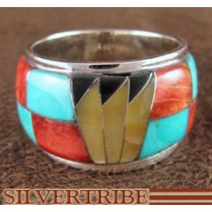 Sterling Silver And Multicolor Inlay Ring Size 6-3/4 DS42347
