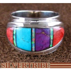 Multicolor Turquoise Inlay and Sterling Silver Ring Size 6-1/2 RS46936