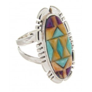 Multicolor Sterling Silver Inlay Ring Size 7-3/4 XS57236