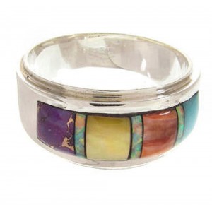 Sterling Silver Multicolor Inlay Southwestern Ring Size 6-3/4 PS58218