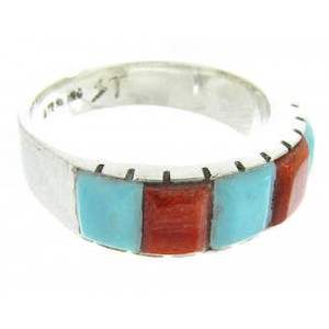 Silver Turquoise Apple Coral Southwestern Ring Size 7-3/4 AW63717