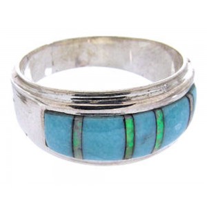 Turquoise And Opal Inlay Silver Jewelry Ring Size 6-3/4 RS44995