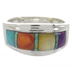 Multicolor Inlay Sterling Silver Southwest Ring Size 7-3/4 MW64519
