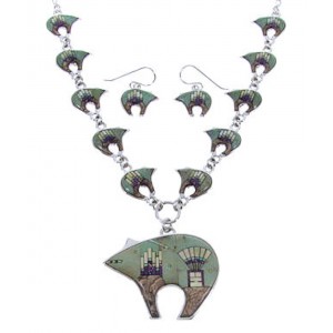 Sterling Silver Native American Mesa Design Bear Necklace Set PS64234