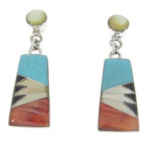 Southwest Silver Multicolor Inlay Post Dangle Earrings FS62352