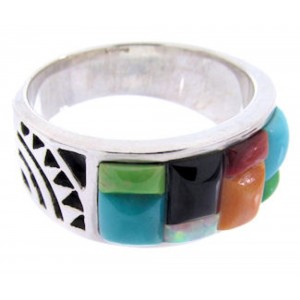 Southwestern Sterling Silver Multicolor Inlay Ring Size 5-3/4 AW68935 