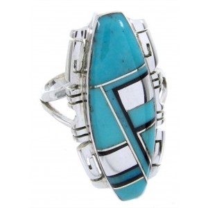 Turquoise And Jet Inlay Silver Jewelry Ring Size 5 BW66743