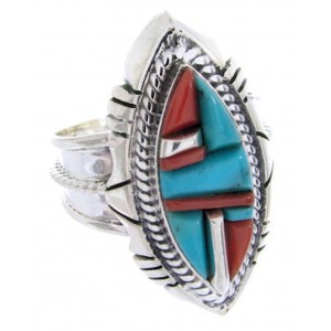 Southwest Turquoise Coral Inlay Jewelry Ring Size 4-3/4 BW67011