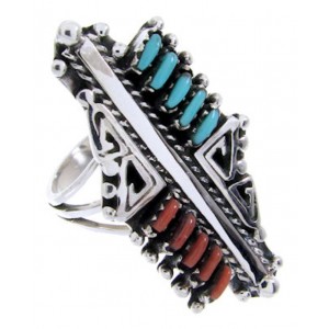 Turquoise And Coral Southwestern Needlepoint Ring Size 6-1/4 BW68078