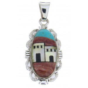 Silver Multicolor Native American Village Design Pendant YS69782