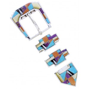 Turquoise Multicolor Inlay Sterling Silver Ranger Belt Buckle AW70586