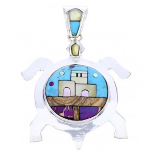 Multicolor Native American Village Design Turtle Pendant YS71420