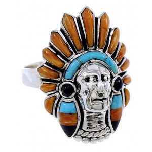 Silver Multicolor Inlay Chief Head Ring Size 8-1/2 NS43167