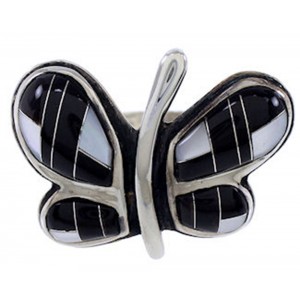 Black Jade Mother of Pearl Silver Butterfly Ring Size 7-1/2 AS42888