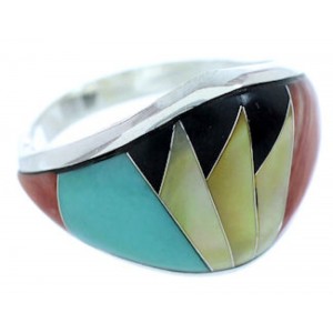 Southwestern Turquoise Multicolor Inlay Silver Ring Size 7-1/2 AW73269