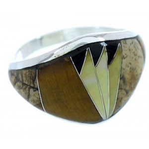 Tiger Eye Inlay Southwest Multicolor Silver Ring Size 7-3/4 AW73132
