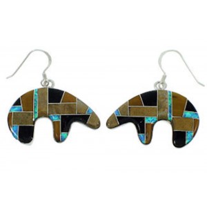 Sterling Silver Multicolor Inlay Bear Hook Dangle Earrings BW73367