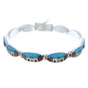 Silver Multicolor Native American Village Design Link Bracelet GS74745