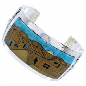 Silver Native American Village Design Multicolor Cuff Bracelet MX28013