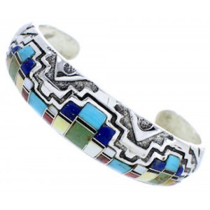 Multicolor Inlay Silver Southwestern Cuff Bracelet MX27179