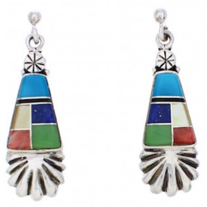 Multicolor Inlay Southwestern Silver Post Dangle Earrings MW76018