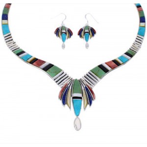 Multicolor Inlay Sterling Silver Link Necklace Earrings Set GS75564