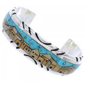 Native American Village Design Multicolor Silver Cuff Bracelet MW75559