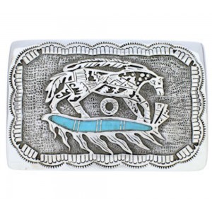 Southwestern Silver Horse Feather Turquoise Belt Buckle EX29142