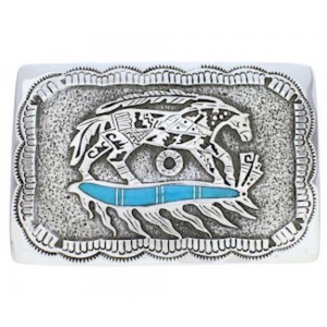 Southwestern Horse Feather Turquoise Inlay Silver Belt Buckle EX29145