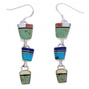 Multicolor Inlay Southwest Silver Hook Dangle Earrings EX30427