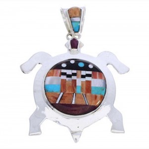 Multicolor Native American Mesa Design Turtle Silver Pendant MW77608