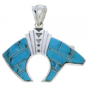 Southwest Sterling Silver Turquoise Inlay Bear Pendant EX28609